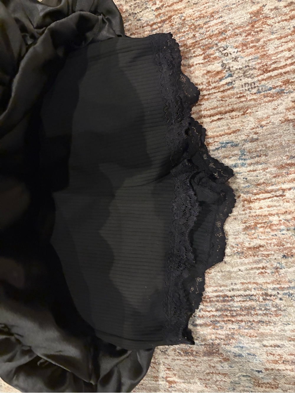 For Love & Lemons Black Satin Ruched Mini Skirt with Lace Trim - Picture 2 of 3